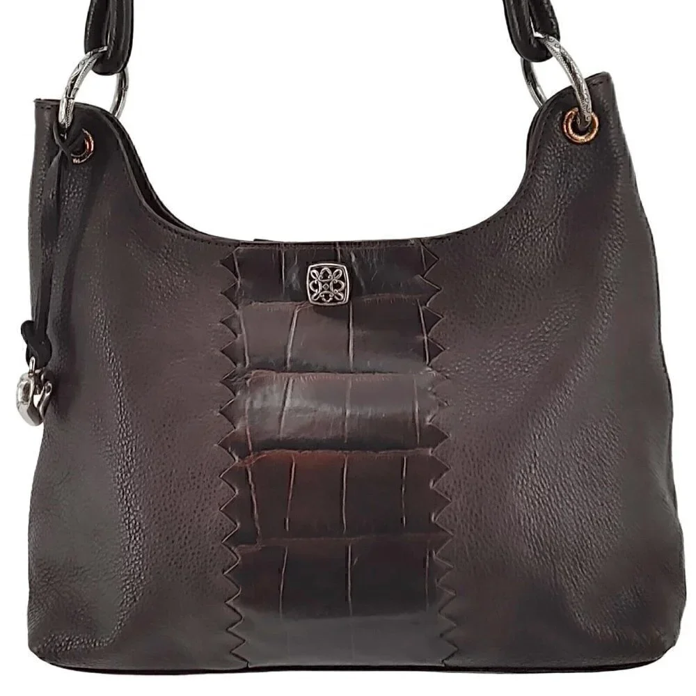 BRIGHTON Brown Pebble & Croco Embossed Leather Hobo Shoulder Bag Braided Strap